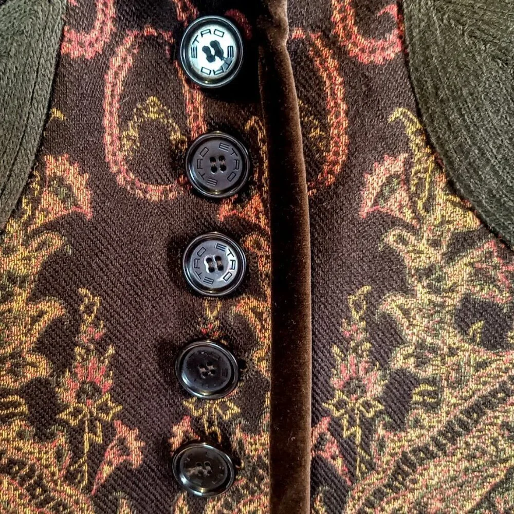 Etro Brown Paisley Velvet Trim Cotton Wool Long Coat Jacket